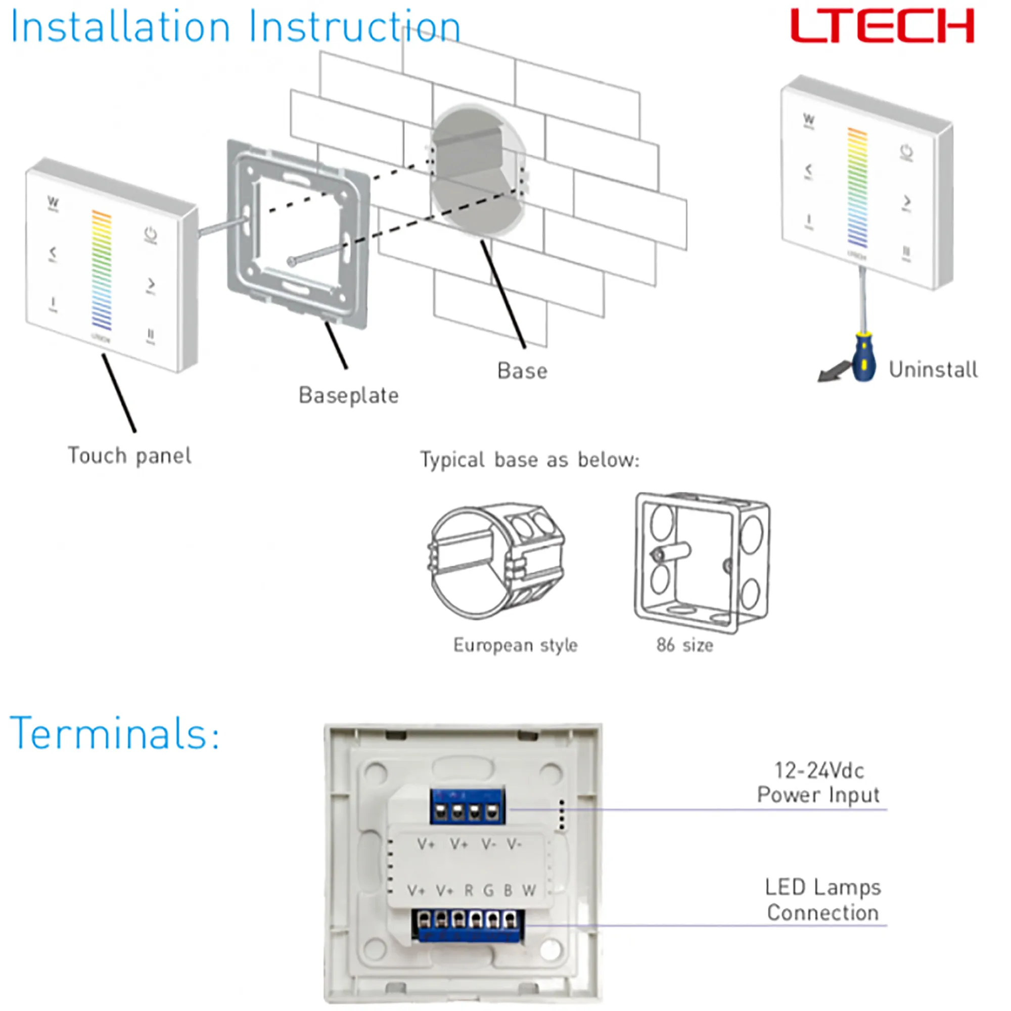 RF2.4GHz RGBW Touch Panel, PWM Power O/P, RGBW Dim, 12/24Vdc, 288W 12A, Single/Multi Zone Support. E4S  LTECH Touch Panel